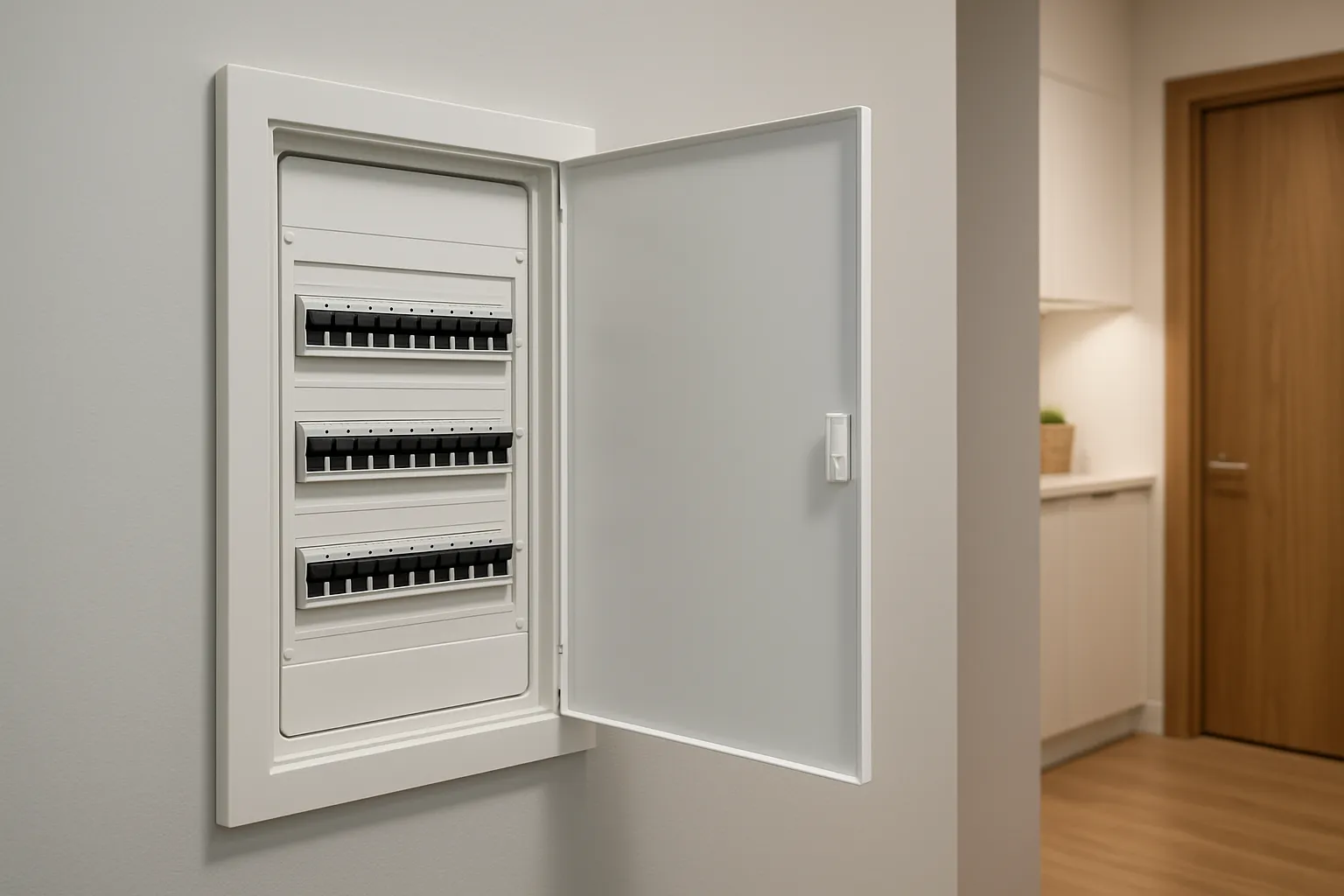 Tablero o cuadro eléctrico empotrado en pared gris claro, con la puerta blanca abierta y filas de interruptores automáticos alineados.