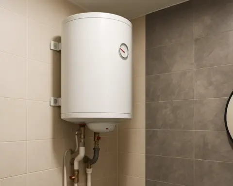 Termo eléctrico cilíndrico blanco fijado a una pared de azulejos beige y gris; se aprecia el manómetro frontal y las tuberías aisladas conectadas en la parte inferior.