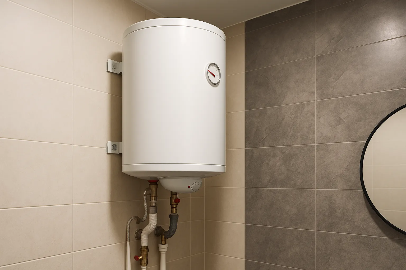 Termo eléctrico cilíndrico blanco fijado a una pared de azulejos beige y gris; se aprecia el manómetro frontal y las tuberías aisladas conectadas en la parte inferior.