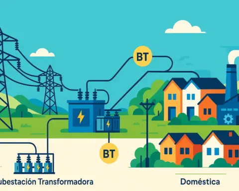 Ilustración panorámica que muestra los diferentes tipos de instalación eléctrica: desde las torres de alta tensión hasta las redes de baja tensión que alimentan hogares e industrias.