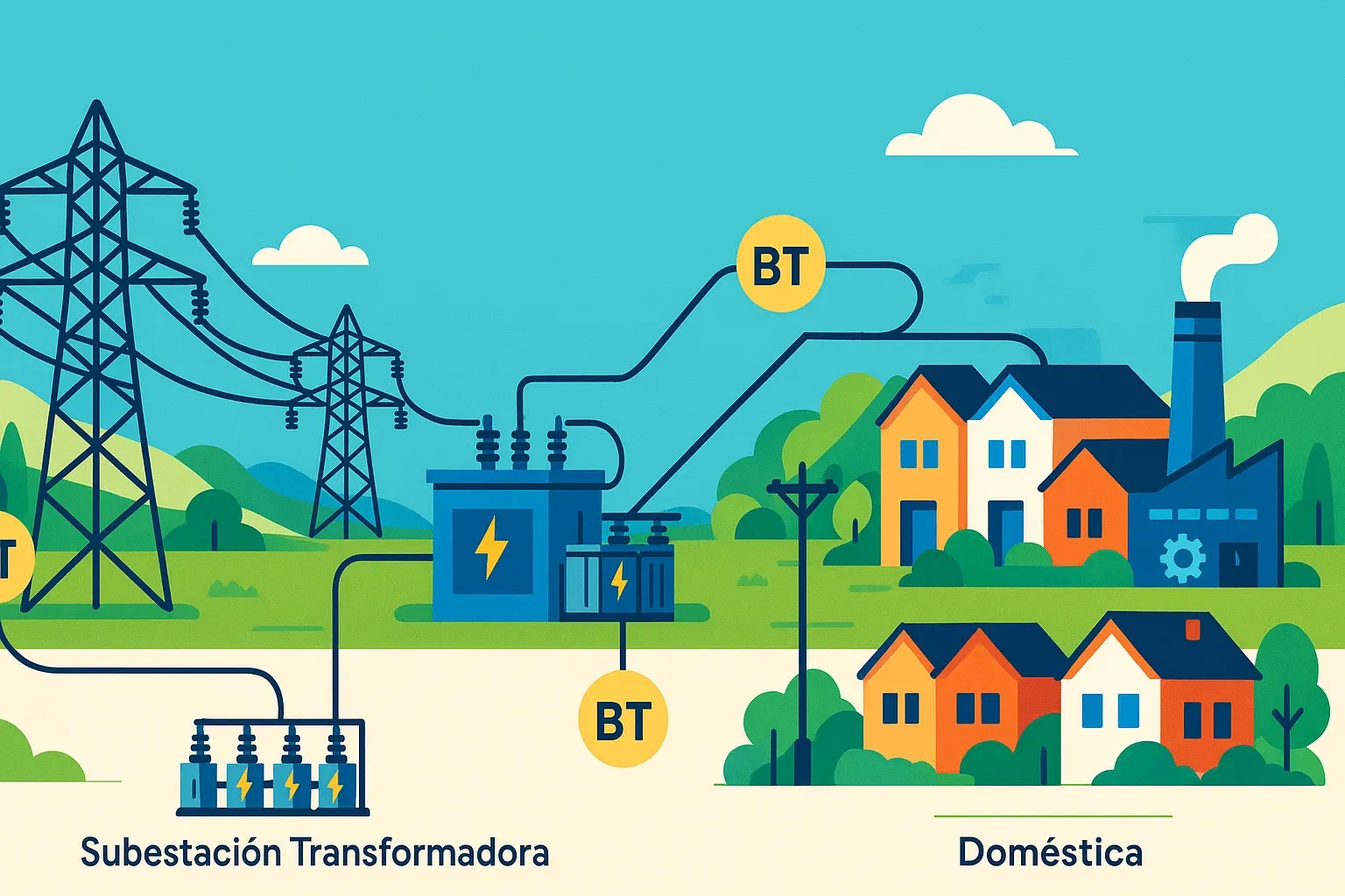 Ilustración panorámica que muestra los diferentes tipos de instalación eléctrica: desde las torres de alta tensión hasta las redes de baja tensión que alimentan hogares e industrias.
