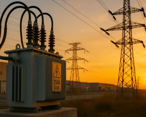 Transformador gris de 2.500 kVA en primer plano dentro de una subestación; cables e insuladores se elevan hacia líneas de alta tensión y torres metálicas que se recortan contra un cielo anaranjado.