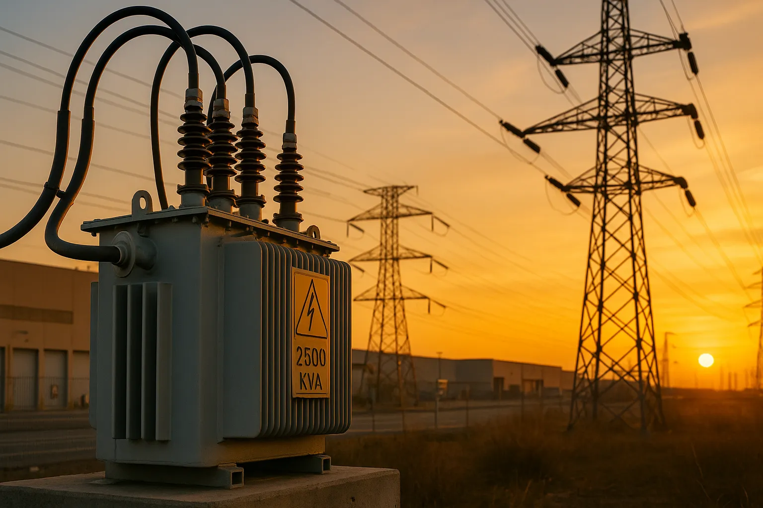 Transformador gris de 2.500 kVA en primer plano dentro de una subestación; cables e insuladores se elevan hacia líneas de alta tensión y torres metálicas que se recortan contra un cielo anaranjado.